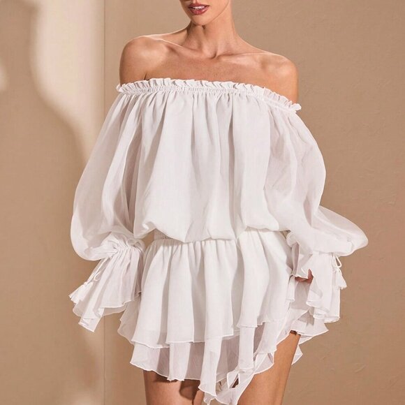 White Boho Women's Elegant French Style Off-Shoulder Long Sleeve Shirt Dress - Picture 6 of 9